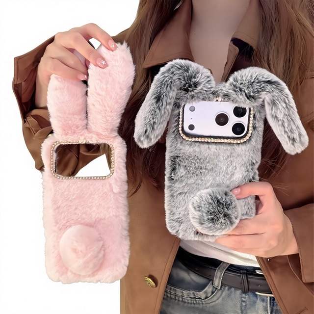 Cut Mini-Fluffy Animal Design Plush Rabbit Ear Shockproof Phone Case for 17 Pro Max 16 Plus 13
