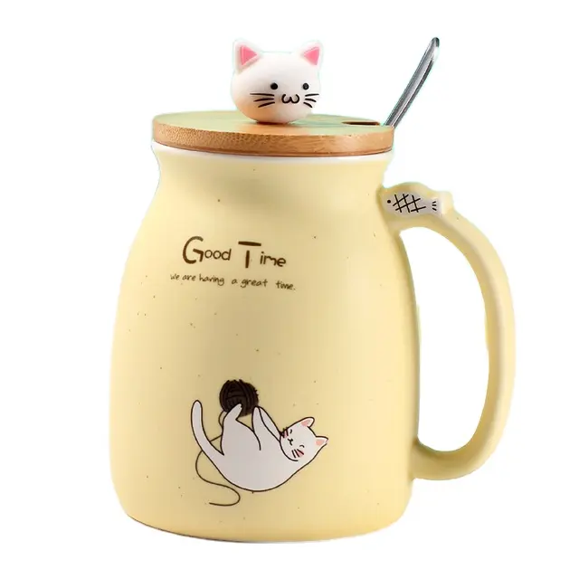 고양이 커피 세라믹 머그잔 어린이 컵 사무실 음료 도자기 선물 크리 에이 티브 컬러 고양이 내열성 머그잔 만화 뚜껑 450ml 컵