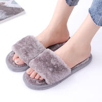 Sandales antidérapantes avec logo personnalisé, chaussures en fourrure bon marché en gros, pantoufles d'hiver pour femmes à semelle plate