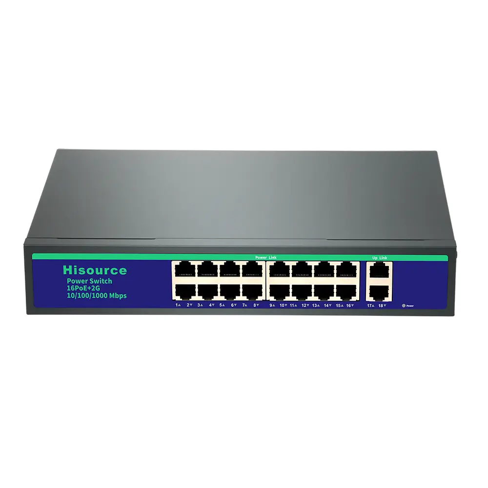 Hub Ethernet PoE a 16 porte non gestito veloce Hisource + Switch PoE SFP da 2*1000M Switch di rete da 250M