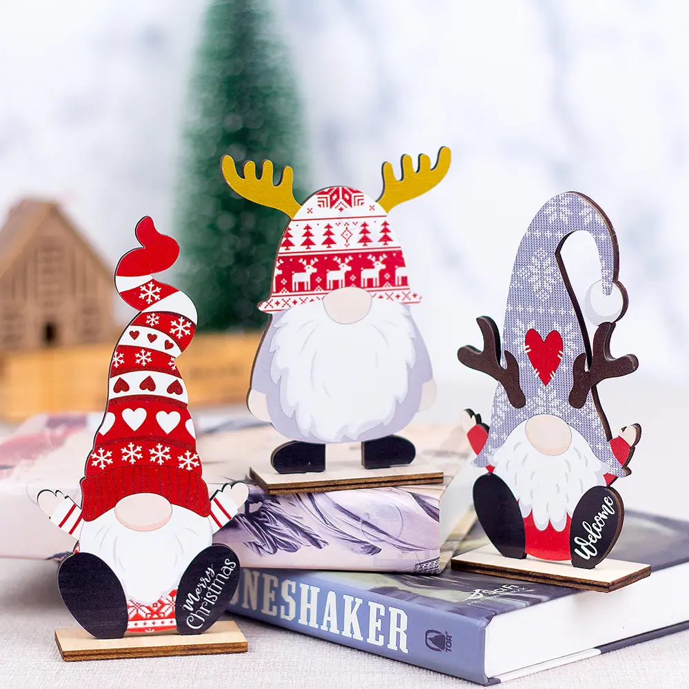 Wholesale Cartoon Snowflake Heart Hat Rudolph Gnomes Reindeer Dolls Christmas Wooden Home Ornaments For Xmas Desktop Decorations