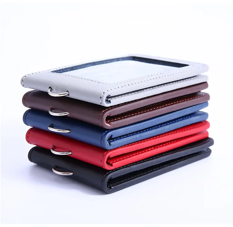 Genuine Leather Folding Style 2 Card Slot Credit Card Case Staff Work ID Badge Card Holder with Lanyard