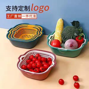 Plastic Vegetable Washing <b>Basket</b> Set Double Layer Drain Storage Kitchen Fruit Colander Multifunctional Size 6 Piece - Product Image 1