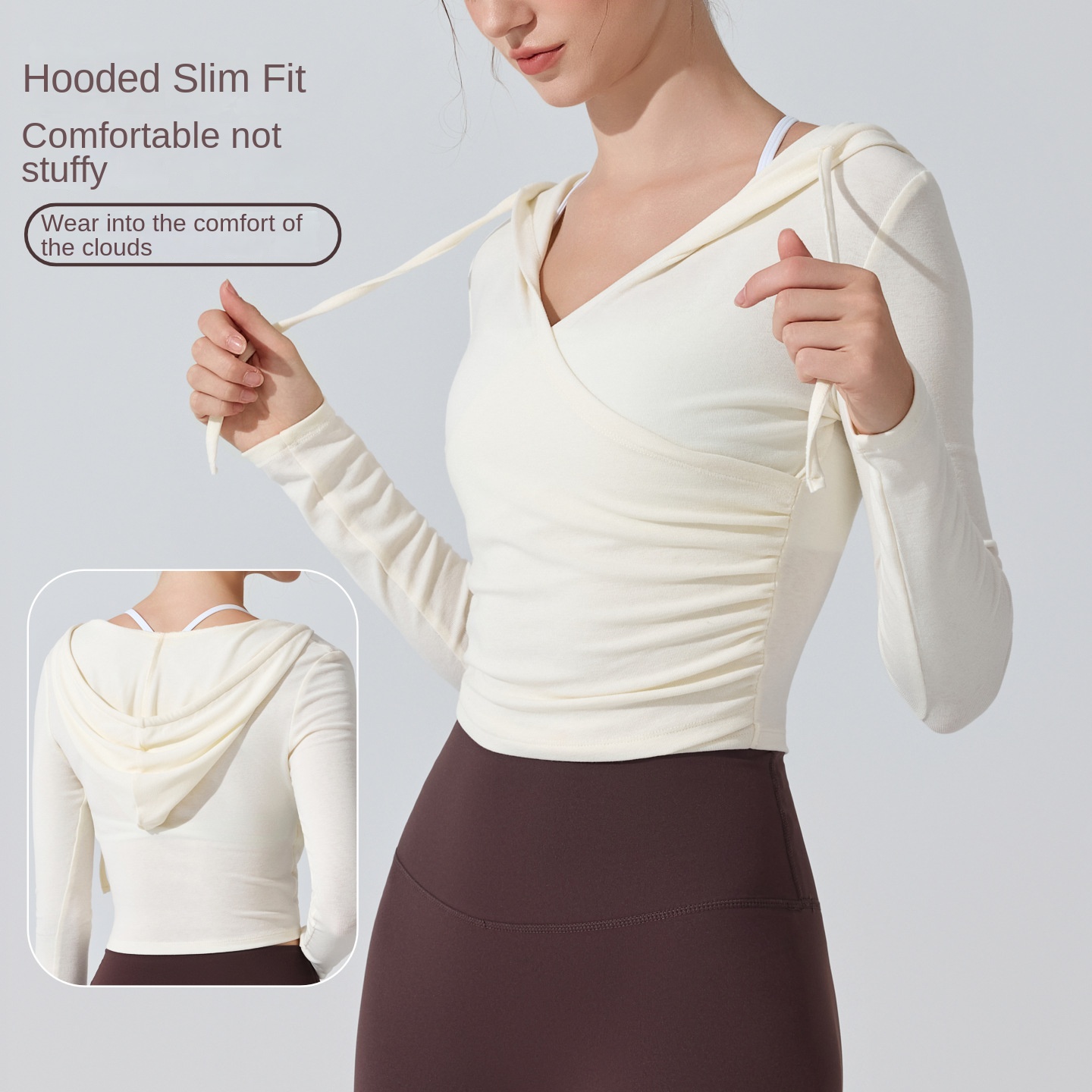 European American Cross-border Hooded Yoga Suit Long-sleeved Waist Slimming Running Sports Blouse Breathable Pilates Front