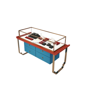 Table de présentation de bijoux de style chinois traditionnel, comptoir <span class=keywords><strong>vitrine</strong></span>, support en acier inoxydable laqué rouge et peint en bleu, MDF, OEM/ODM - Product Image 5