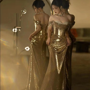 Banquet fête <span class=keywords><strong>robe</strong></span> de soirée dorée femmes élégant luxe Unique paillettes <span class=keywords><strong>robe</strong></span> d'hôte hors épaule sirène Silhouette grillage - Product Image 1
