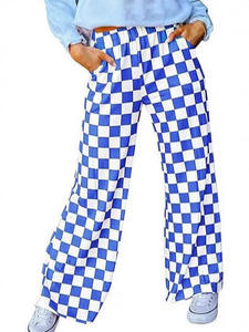 Trendy High Waisted Checkerboard Print Pants Soft Breathable Elastic Waist Wide Leg <strong>Trousers</strong> for Women - Product Image 2