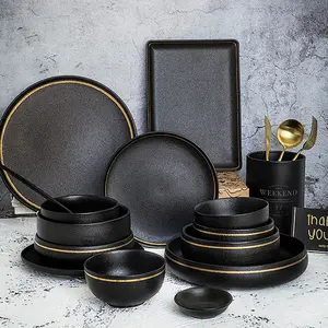 Couverts de table en porcelaine noire, style européen, assiettes de luxe, vaisselle en céramique pour restaurant