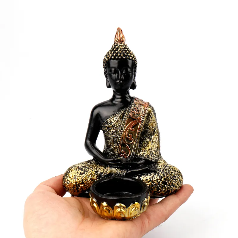 Wholesale Black Silver Resin Zen Meditating Thai Buddha Tea Light Candle Holder Craft