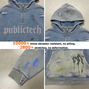 Sudadera con capucha para hombre, personalizada de fábrica, estilo streetwear vintage, de alto gramaje 400 g/m², corte holgado, con pedrería dibujada a mano, lavado ácido y efecto desgastado, con cremallera de 1/4 - Product Image 2