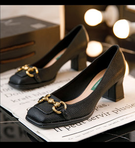 Zapatos de tacón alto de punta cuadrada para mujer, nuevos, con hebilla de caballo, tacón grueso francés, zapatos de trabajo para mujer - Product Image 4