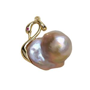 Pendentif baroque en argent S925 fait main, collier double face avec petite tête de cygne et perle vide - Product Image 4