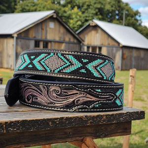 Handmade Hand Embroidery Western Floral & Turquoise Beaded 80g <b>Leather</b> <b>Belt</b> with <b>Tooled</b> Design Fashion Accessory - Product Image 1
