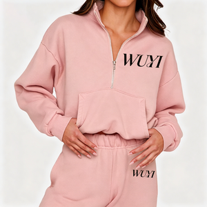 Women Autumn Embroidered Stand Collar Quarter-Zipper Hooded Sweatshirt Fashion Sport Gym Hoodie Painted <b>Set</b> - Product Image 2