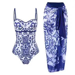 Discount 3piece Swimwear Set One Piece Swimsuit With Cover Up Skirt High Waist Bathing Suits For Women 2024