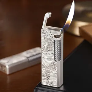 KY Fashion Butane Gas Lighter Oblique Flame Metal Silver Engraved Refillable Luxury Cigar Lighter Torch