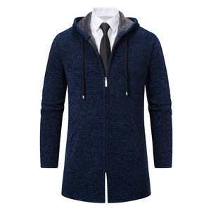 Suéter de <span class=keywords><strong>punto</strong></span> medio a largo para hombre, cárdigan de terciopelo <span class=keywords><strong>grueso</strong></span> de alta calidad para otoño e invierno, chaqueta de <span class=keywords><strong>punto</strong></span> con capucha para hombre - Product Image 1