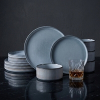 Ensemble de 18 assiettes rondes rayées EKA en céramique, vaisselle anti-rayures, passe au micro-ondes et au lave-vaisselle, assiettes à steak, assiettes à pâtes, assiettes à soupe