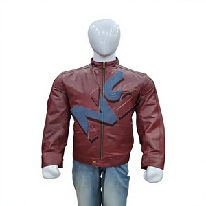 Men's <b>Red</b> Leather <b>Waterproof</b> Bomber <b>Jacket</b> with Blue Letter Print Stand Collar Zipper Closure Casual Autumn Wear - Product Image 1