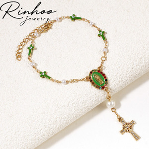 Rosari in lega placcati oro con perle, con Occhio di Allah, Croce e Vergine Maria, <span class=keywords><strong>per</strong></span> Battesimo e <span class=keywords><strong>Preghiera</strong></span>, Braccialetti di <span class=keywords><strong>preghiera</strong></span> cattolici - Product Image 2