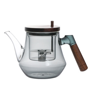 Ensemble de théière en verre borosilicaté Théière en verre moderne avec manche en noyer et infuseur en bois pour servir du <span class=keywords><strong>thé</strong></span> au café - Product Image 6
