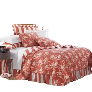 China Red flower printed frilled bedskirt fitted microibre quilt