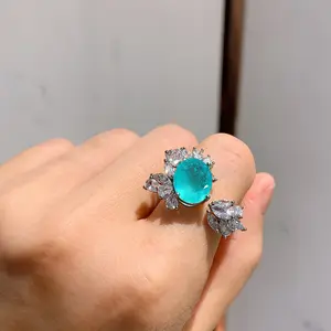 Elegant Bling Cubic Zirconia Wedding Band Blue Paraiba Tourmaline Rings Emerald Open Synthetic Blue Moissanite Ring Anillo