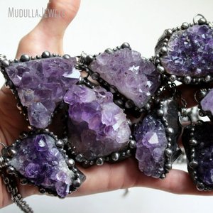 NM43796 Natural púrpura amatista cristal racimo Druzy geoda collar soldado bruja Wicca Boho Hippy Goth oculto con cadena de eslabones - Product Image 6