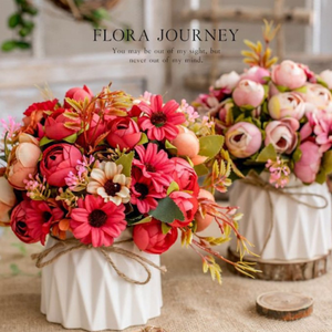 Juego de Rosas Artificiales en Maceta de Cerámica con Rayas Nórdicas, Florero Decorativo con Cuerda de Cáñamo para Mesa de Centro o Estante - Product Image 3