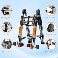 Échelle télescopique en aluminium Deliladder, échelle extensible de 12,5 pieds, barre d'équilibrage, roues, 2 stabilisateurs triangulaires, capacité de 330 lb