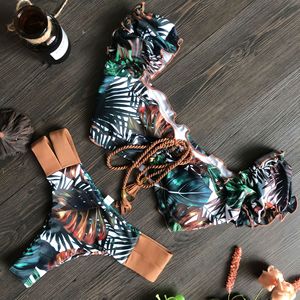 Women Tropical Print Off-Shoulder Bikini Set With Ruffles And Tassel Detail Two Piece Swimwear - Product Image 4