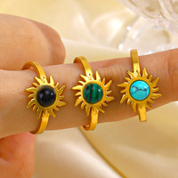 Bague Tournesol en Acier Inoxydable Incrustée de Malachite/Turquoise, Style Européen et Américain, Tendance Influenceurs en Ligne, pour Femme