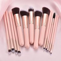 Ensemble de 14 pinceaux de maquillage en bois avec manche rose, poils synthétiques doux et denses, couvre tous les besoins de maquillage quotidien du visage et des yeux