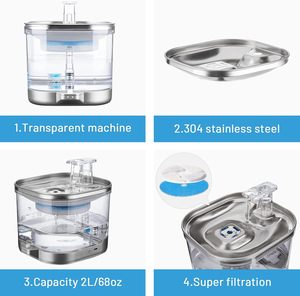Fontaine à eau intelligente en <span class=keywords><strong>acier</strong></span> inoxydable avec réservoir transparent de 2 L (68 oz) – <span class=keywords><strong>Prix</strong></span> usine – Pour chats et chiens - Product Image 6