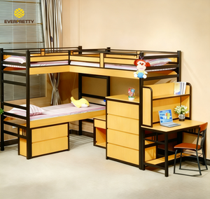 <span class=keywords><strong>Lit</strong></span> superposé triple en métal <span class=keywords><strong>avec</strong></span> table <span class=keywords><strong>et</strong></span> chaise en bois, design ergonomique, pour dortoir scolaire, pour 3 étudiants - Product Image 2