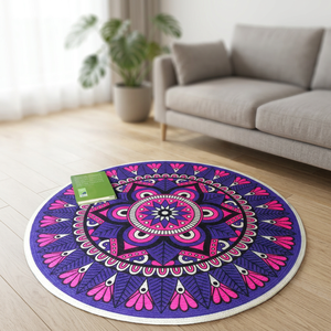 <b>Round</b> Bohemian Medallion Area Jute <b>Rug</b> Blue <b>White</b> Pattern Non-Slip Rubber Backing Living Room Floor Mat Made in Bangladesh - Product Image 6