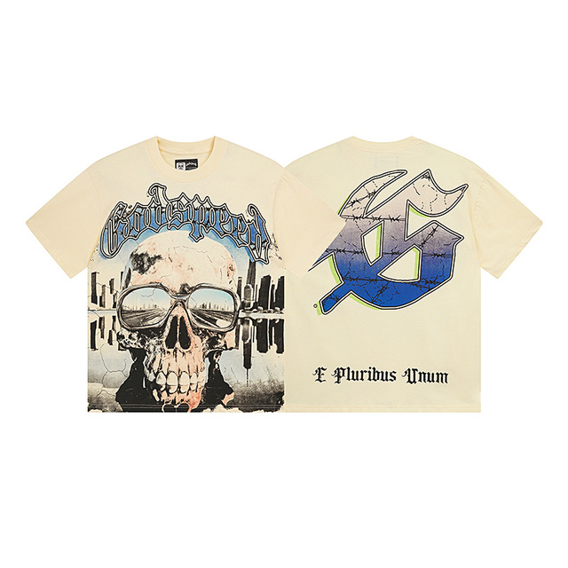 Godspeed Vintage Washed Cream Cotton Men's T-shirt, Digital Print Skull Sunglasses Graphic Loose Streetwear Tee