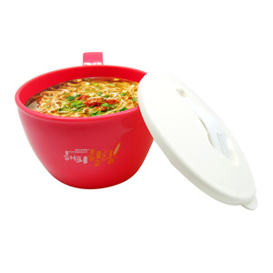 Bol à nouilles instantanées en plastique de style coréen avec fourchette et poignée, boîte à lunch ronde rouge et bleue à emporter - Product Image 1