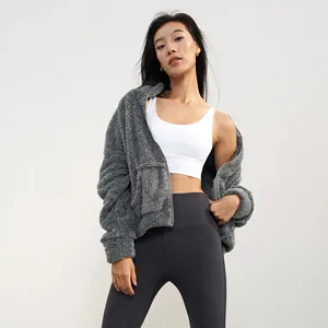 Wholesale Women's Winter New Design Warm Stand Collar Front Zipper Fleeced Fluffy Yoga Jackets Casual Outdoor Coat Yoga Tops