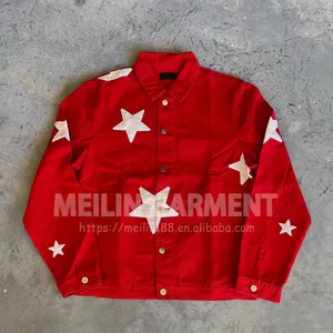 Wholesale Customized Distressed Patches Cropped Length Oversized High Quality Washed Red Denim Jeans Jacket