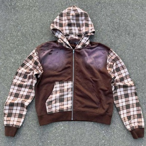 Sweat à capuche zippé en molleton de coton épais 400 g/m² avec patchwork en flanelle médiathèque, délavage vintage, style streetwear, personnalisé pour homme - Product Image 1