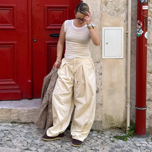 กางเกงขายาวทรงหลวมเอวต่ำสไตล์ยุโรปอเมริกันสำหรับผู้หญิง สีพื้น มีเชือกผูก แต่งระบาย ขากว้าง สวมใส่สบาย - Product Image 2