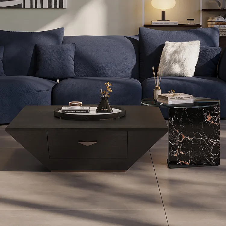 Table basse carrée de luxe moderne en marbre avec plateau tournant
