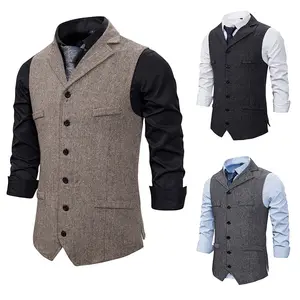 Gilet da uomo in lana Tweed 2024 da uomo Slim Fit senza maniche Gilet a spina di pesce Gilet da smoking da uomo