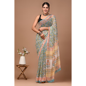 Sari de chifón doble diamante con estampado a mano, tejido de chifón doble diamante puro y ligero. |   Elegante |   Cómodo - Product Image 1