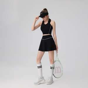 Set 2 potong pakaian tenis untuk wanita, Set rok Padel Golf kerah lipat motif garis warna kontras, Set pakaian tenis menyerap keringat - Product Image 2