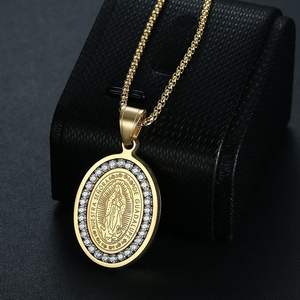 Set baja tahan karat berlapis emas 18K zirkon religius Guadalupe perhiasan kalung liontin perawan Mary untuk pria wanita - Product Image 3