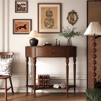 Table console demi-ronde en chêne antique avec rangement, meuble de salon au design vintage moderne, plateau à panneaux