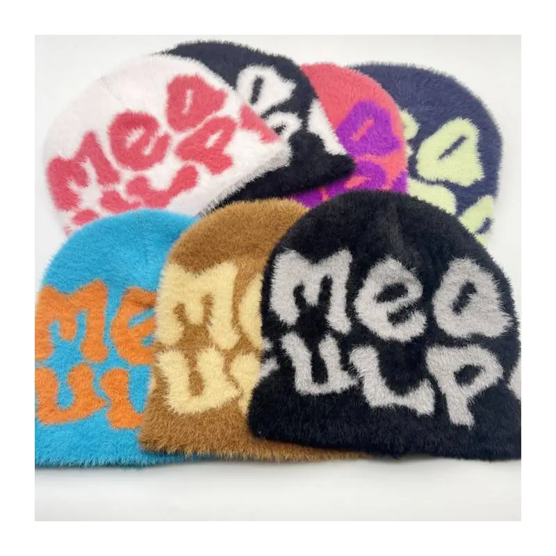 Y2K All over Print Logo Beanie Quality Fur Plush Cashmere Cap Hoods Men Women Winter Mohair Hat in Acrylic and Wool Material