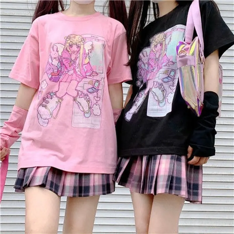 Japon Streetwear tarzı T-Shirt kızlar Egirl 2024 moda kadın yaz Kawaii sevimli karikatür baskı T-Shirt Tee üst Alt